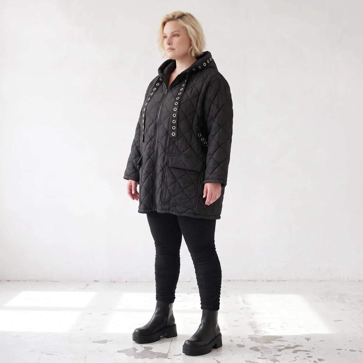 Gefütterte schwarze Kapuzenjacke im Denimlook mit geradem Schnitt warme Winterjacke
