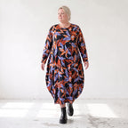 Weiches Romanitjerseykleid in Schwarz/Orange mit Ballonform Langarm Rundhalsausschnitt