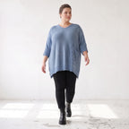 Strickpullover in Jeansblau mit Destroyed Optik A-Linie Rundhalsausschnitt Taschen Langarm