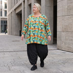 Shirt in A-Linie aus Stretchjersey mit grünem Multimuster luftig und locker fallend