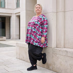 Jerseyshirt in Lila/Multi mit Rundhalsausschnitt A-Linie und 7/8-Arm in Stretchqualität