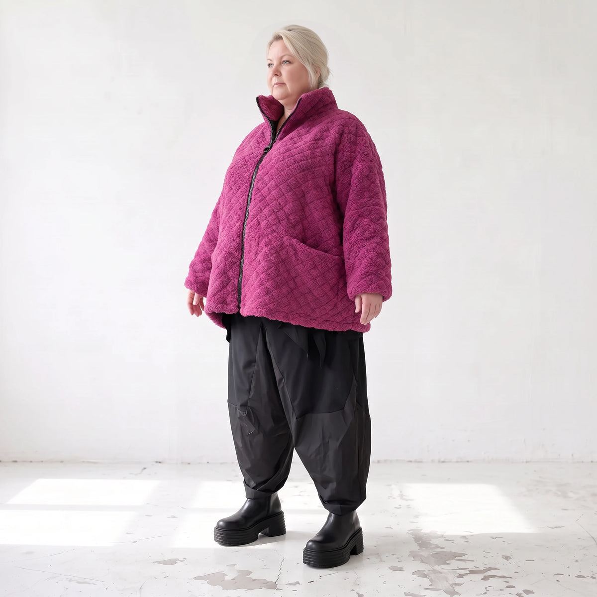Fuchsia Teddyjacke mit kastigem Schnitt Stehkragen Reißverschluss und Nahttaschen
