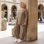 Camel Langarmshirt aus weichem Slinkystoff mit Stretch in Glockenform und Rundhals