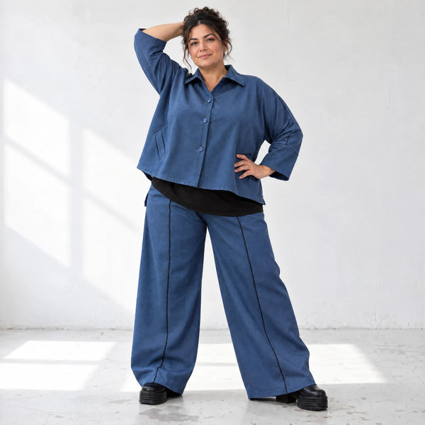 Jeansblaue Ballonhose aus Stretchdenim mit Dehnbund aus Baumwolle und Elasthan Basic