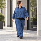 Jeansblaue Ballonhose aus Stretchdenim mit Dehnbund aus Baumwolle und Elasthan Basic