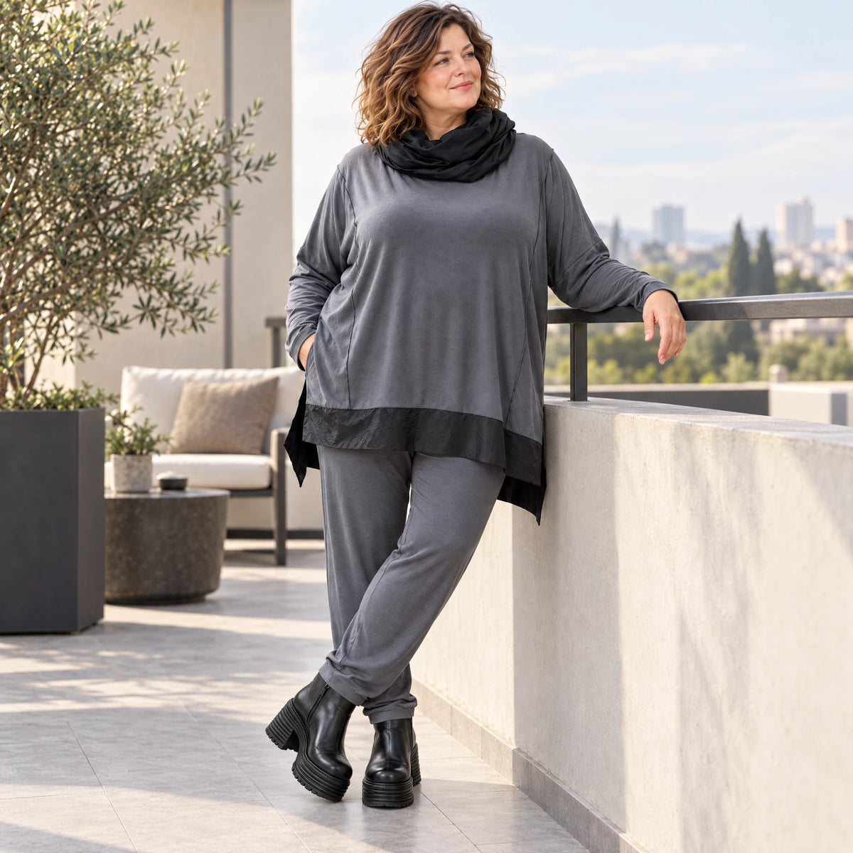 Graue Karottenleggings aus Jersey mit Stretch und Elastikbund weich und bequem warm