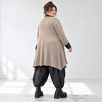 Cardigan aus Baumwolle in Taupe mit Stehkragen A-Linie und Seitentaschen offen leicht