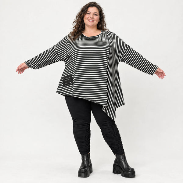 Langarmshirt in Schwarz/Weiß mit Zipfelsaum aus warmem Stretchjersey Made in Italy