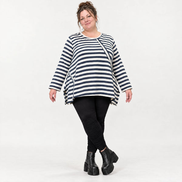 Langarmshirt in Creme/Dunkelblau mit A-Linie aus weichem Stretchjersey und Schlitzen