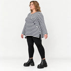 Langarmshirt Dunkelblau/Weiß aus weichem Stretchjersey in A-Linie mit Seitenschlitzen