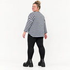 Shirt in Dunkelblau/Weiß aus weichem Stretchjersey mit 7/8-Arm und gerundeter Schnittform