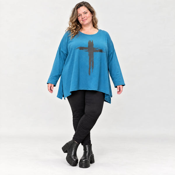 Blaues Langarmshirt aus warmem Stretchjersey mit Rundhalsausschnitt in lässiger A-Linie