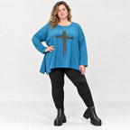 Blaues Langarmshirt aus warmem Stretchjersey mit Rundhalsausschnitt in lässiger A-Linie