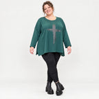 Langarmshirt in Dunkelgrün mit fließender A-Linie aus feinem Stretchjersey für den Winter