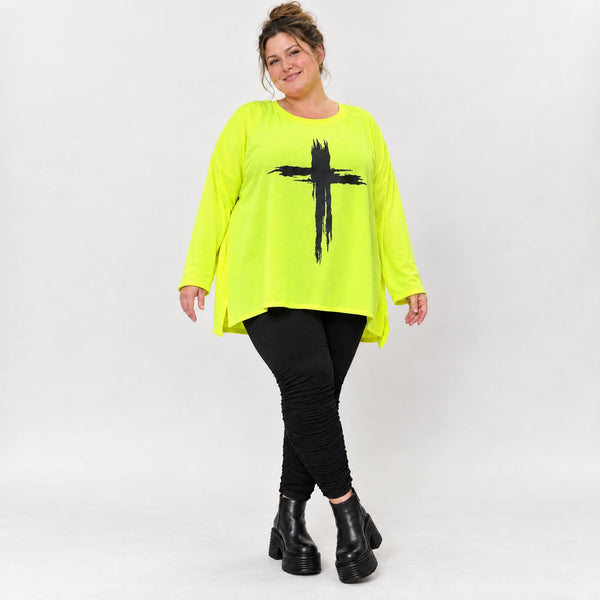 Langarmshirt in Neongelb aus weichem Baumwolljersey mit Rundhalsausschnitt und A-Linie