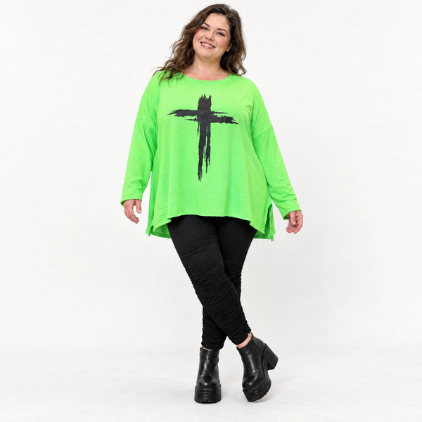 Grünes Langarmshirt in fließender A-Linie aus feinem Stretchjersey mit Rundhalsausschnitt