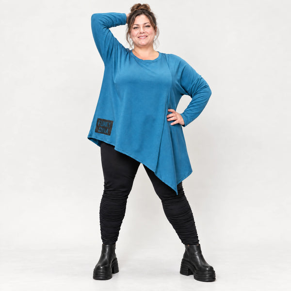 Blaues Langarmshirt mit asymmetrischem Zipfelsaum aus weichem Stretchjersey Made in Italy