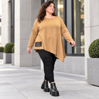 Warmes Langarmshirt in Camel mit asymmetrischem Zipfelsaum aus weichem Jersey mit Stretch
