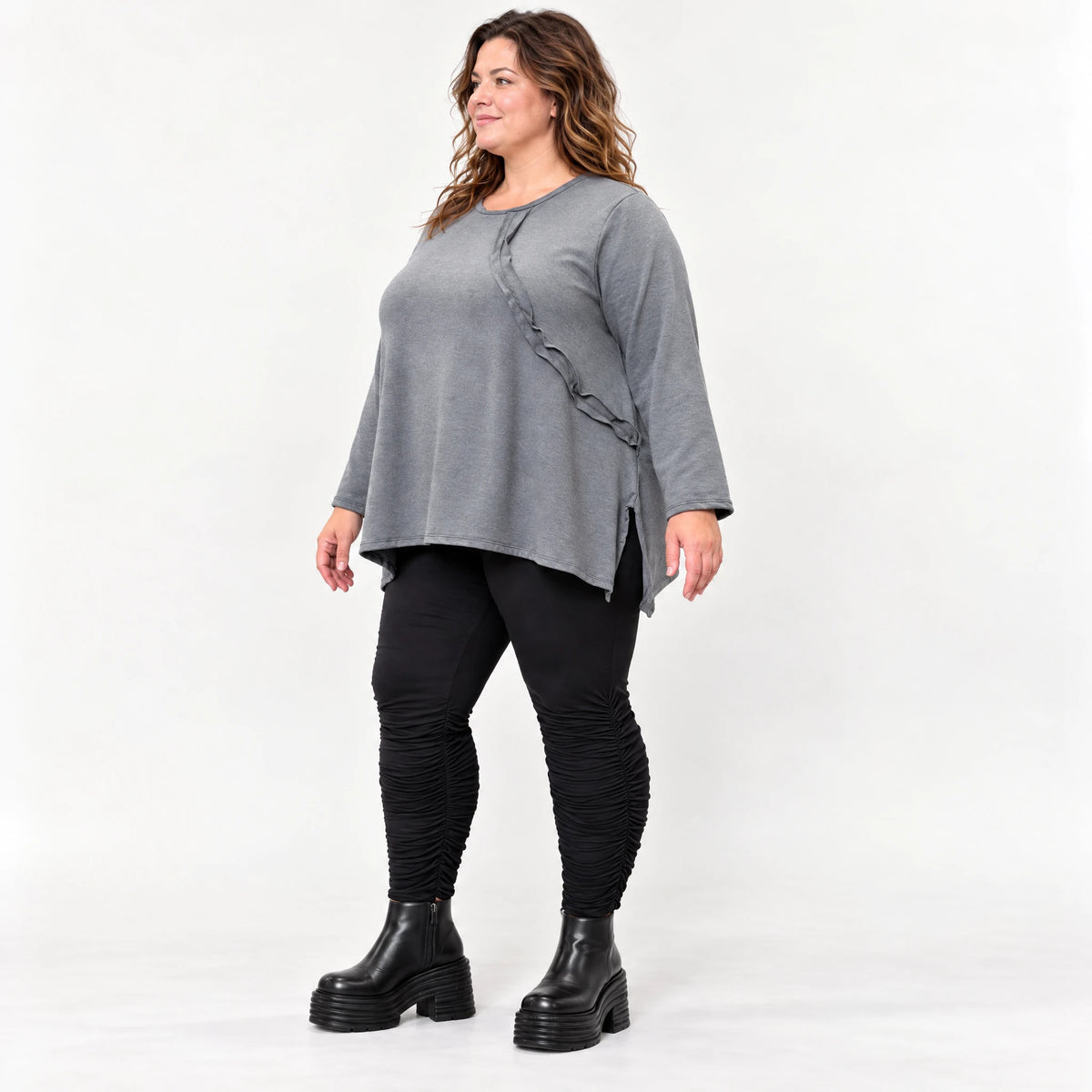 Weiches Langarmshirt in Grau mit fließender A-Linie aus feinem Jersey mit Elasthananteil