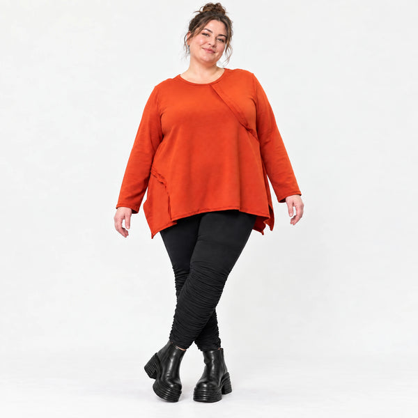 Langarmshirt in Orange mit Rundhalsausschnitt und fließender A-Linie aus Stretchjersey