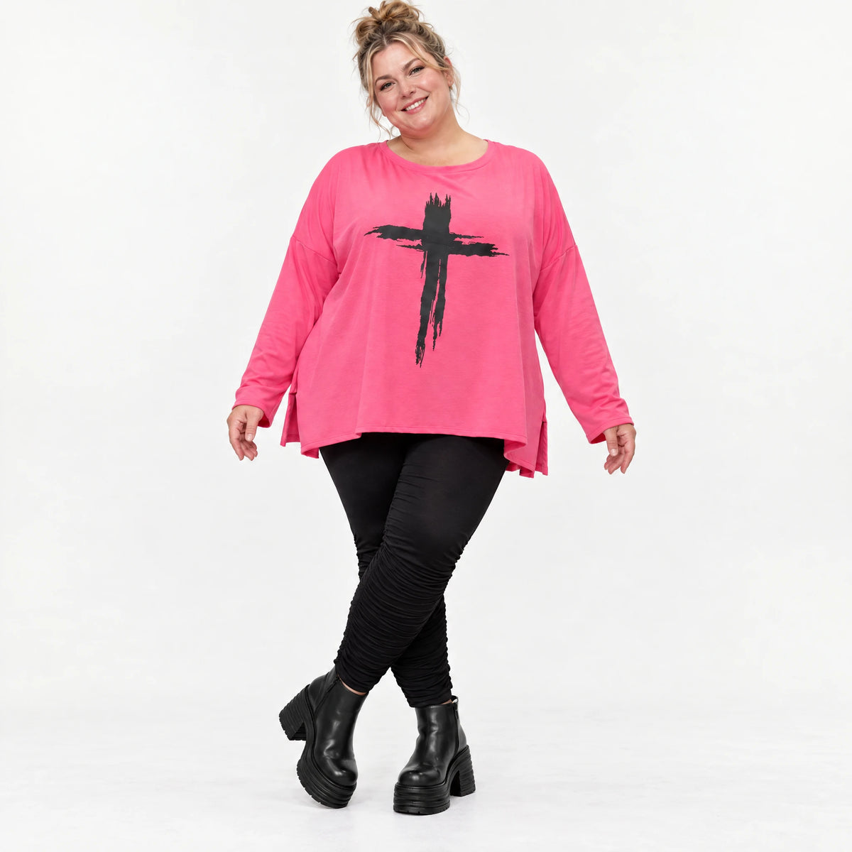 Langarmshirt in Pink aus Baumwolle mit Elasthan und Rundhalsausschnitt in weiter A-Linie