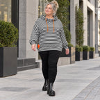 Gestreifter Kapuzenpullover in Orange/Schwarz/Weiß aus weichem Stretchjersey Italien