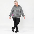 Gestreifter Hoodie in Schwarz/Weiß/Pink aus Stretchjersey mit Kapuze und gerafften Ärmeln