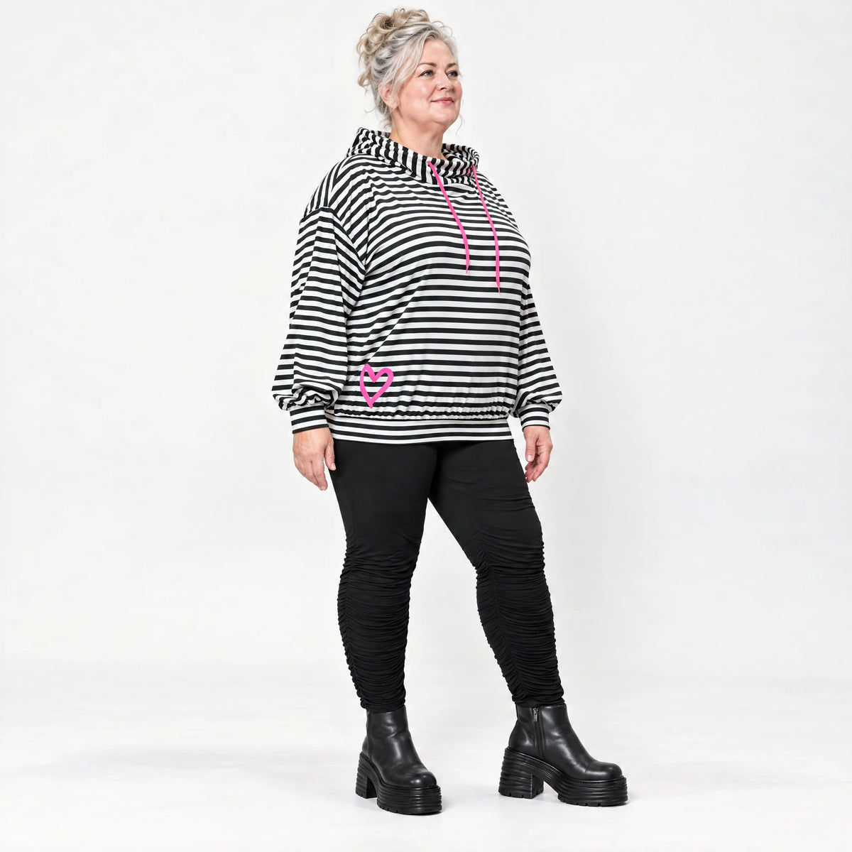 Gestreifter Hoodie in Schwarz/Weiß/Pink aus Stretchjersey mit Kapuze und gerafften Ärmeln