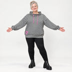 Gestreifter Hoodie in Schwarz/Weiß/Pink aus Stretchjersey mit Kapuze und gerafften Ärmeln