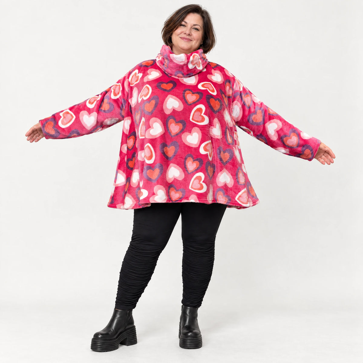 Flauschiges Langarmshirt in Pink/Rosa/Weiß mit Rollkragen und lockerer A-Linie aus Plüsch