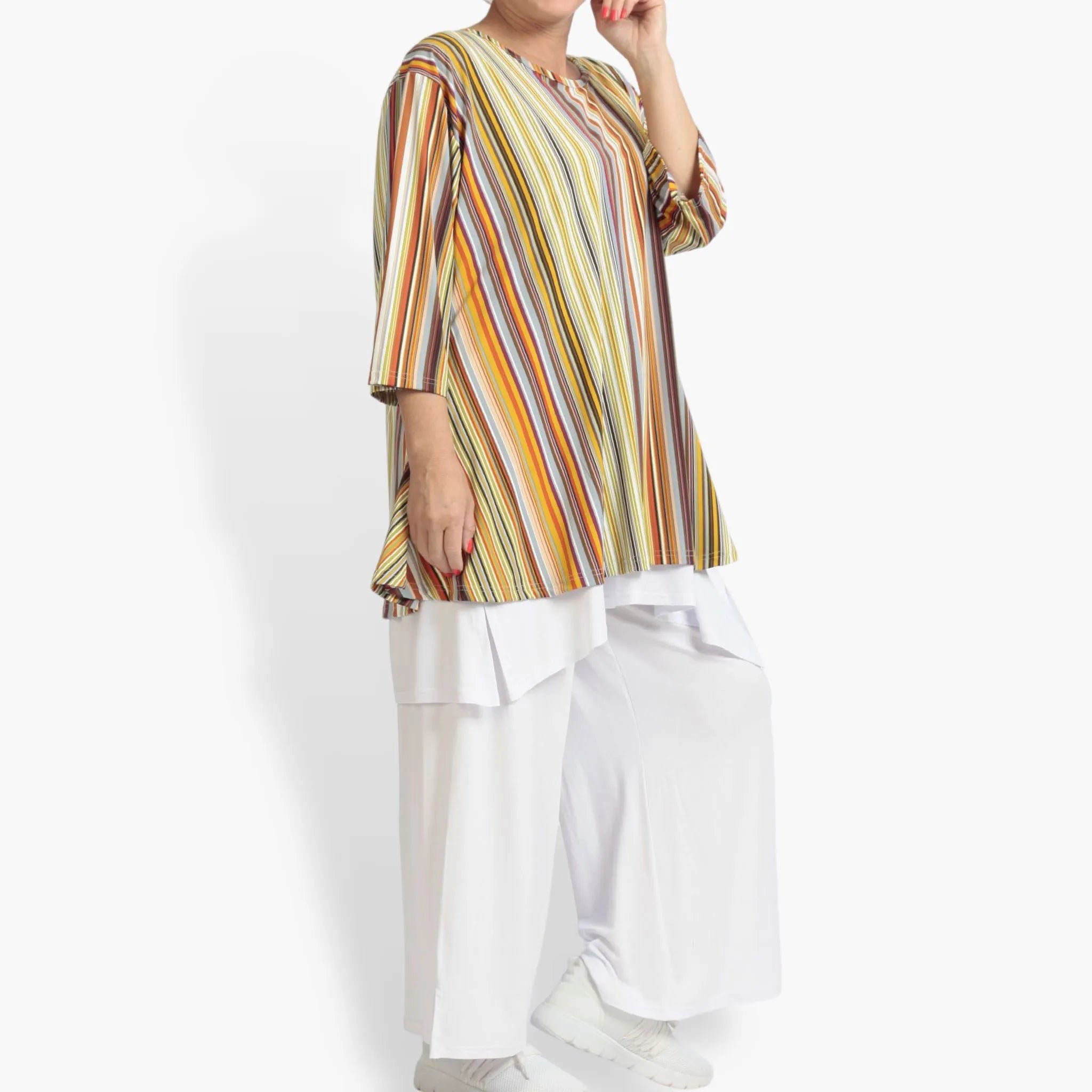  AKH Fashion Shirt in Glocken-Form, aus Materialmix, 1078.01892, Cognac, Streifen, Schick