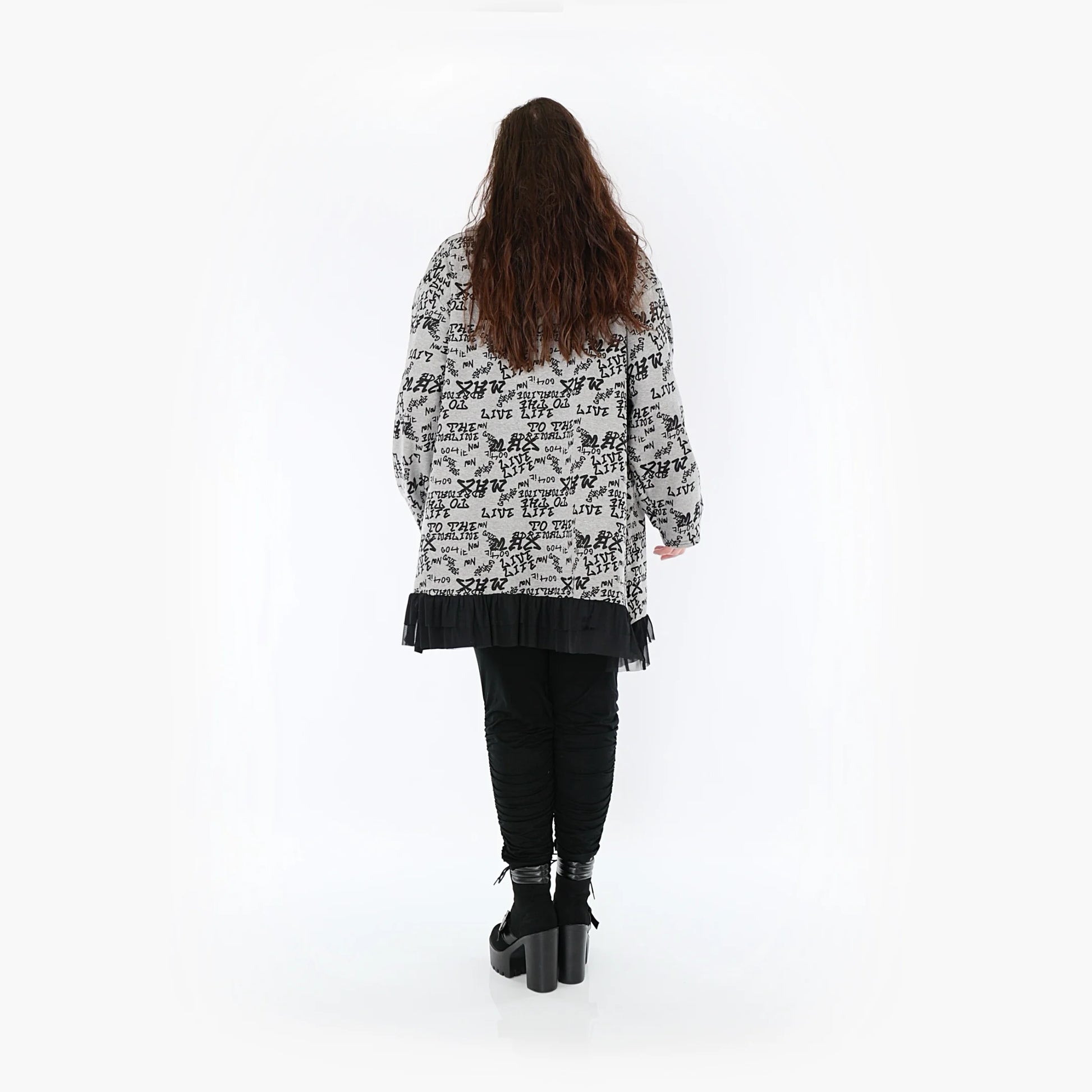  A-Form Oversize-Shirt in Grau-Schwarz mit einzigartigem Muster und warmem Rollkragen für Curvy-Mode