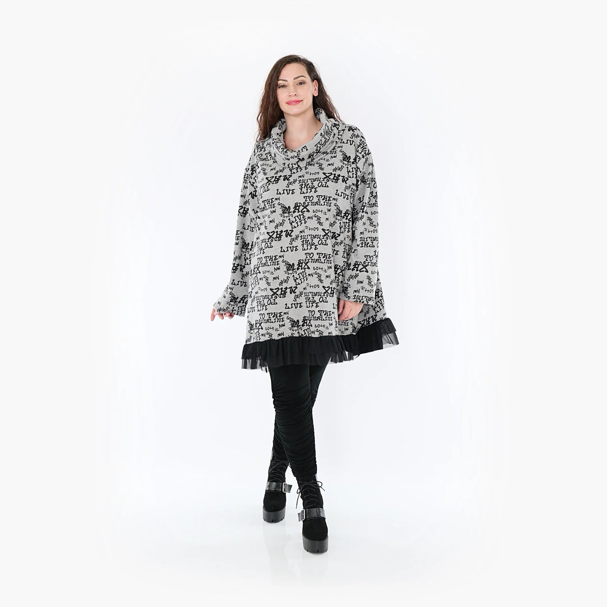  A-Form Oversize-Shirt in Grau-Schwarz mit einzigartigem Muster und warmem Rollkragen für Curvy-Mode