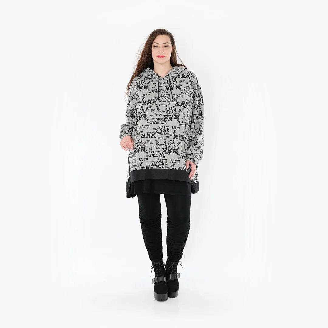  Kuschelweiches Shirt in Grau-Schwarz mit Buchstaben-Muster für Plus Size und Curvy Styles