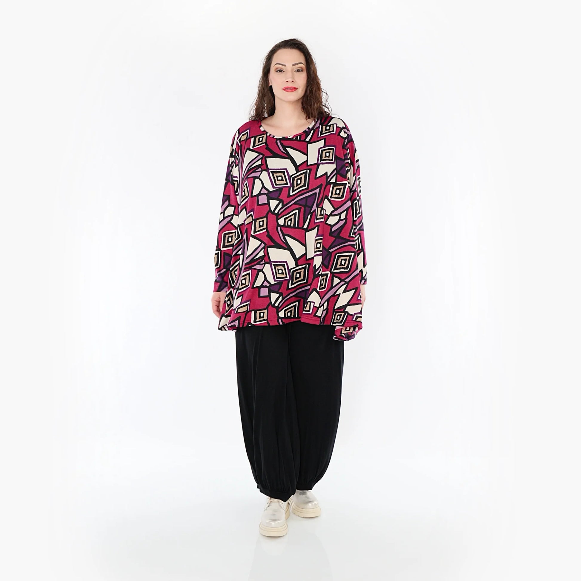  A-Form Bigshirt von AKH Fashion aus Viskose, 1397.00593, Fuchsia-Schwarz-Creme, Aztec