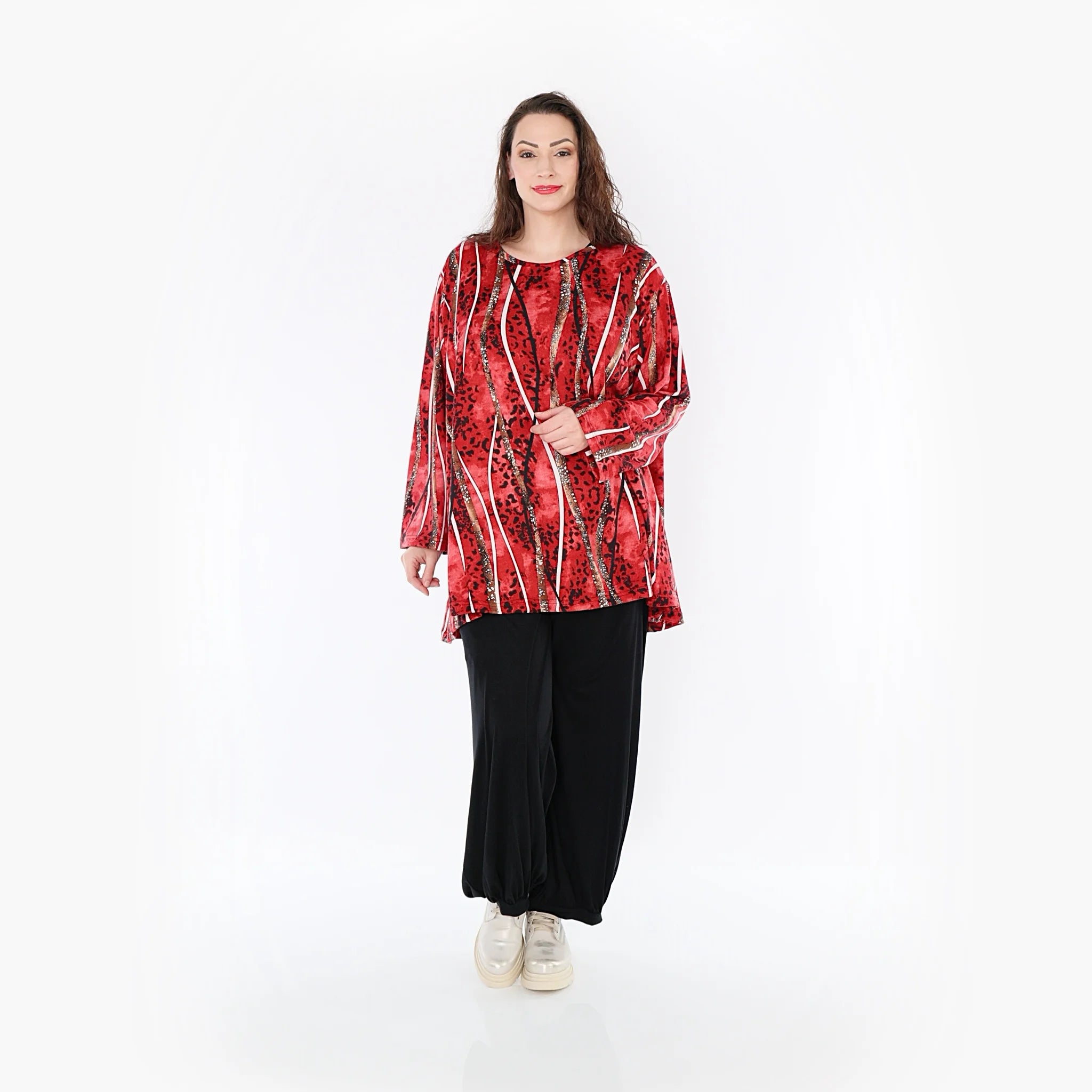  A-Form Bigshirt von AKH Fashion aus Viskose, 1398.00593, Rot-Cognac-Schwarz, Streifen