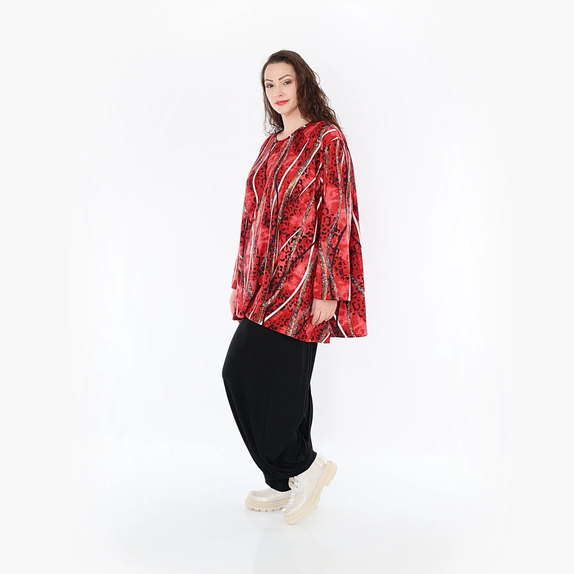  A-Form Bigshirt von AKH Fashion aus Viskose, 1398.00593, Rot-Cognac-Schwarz, Streifen