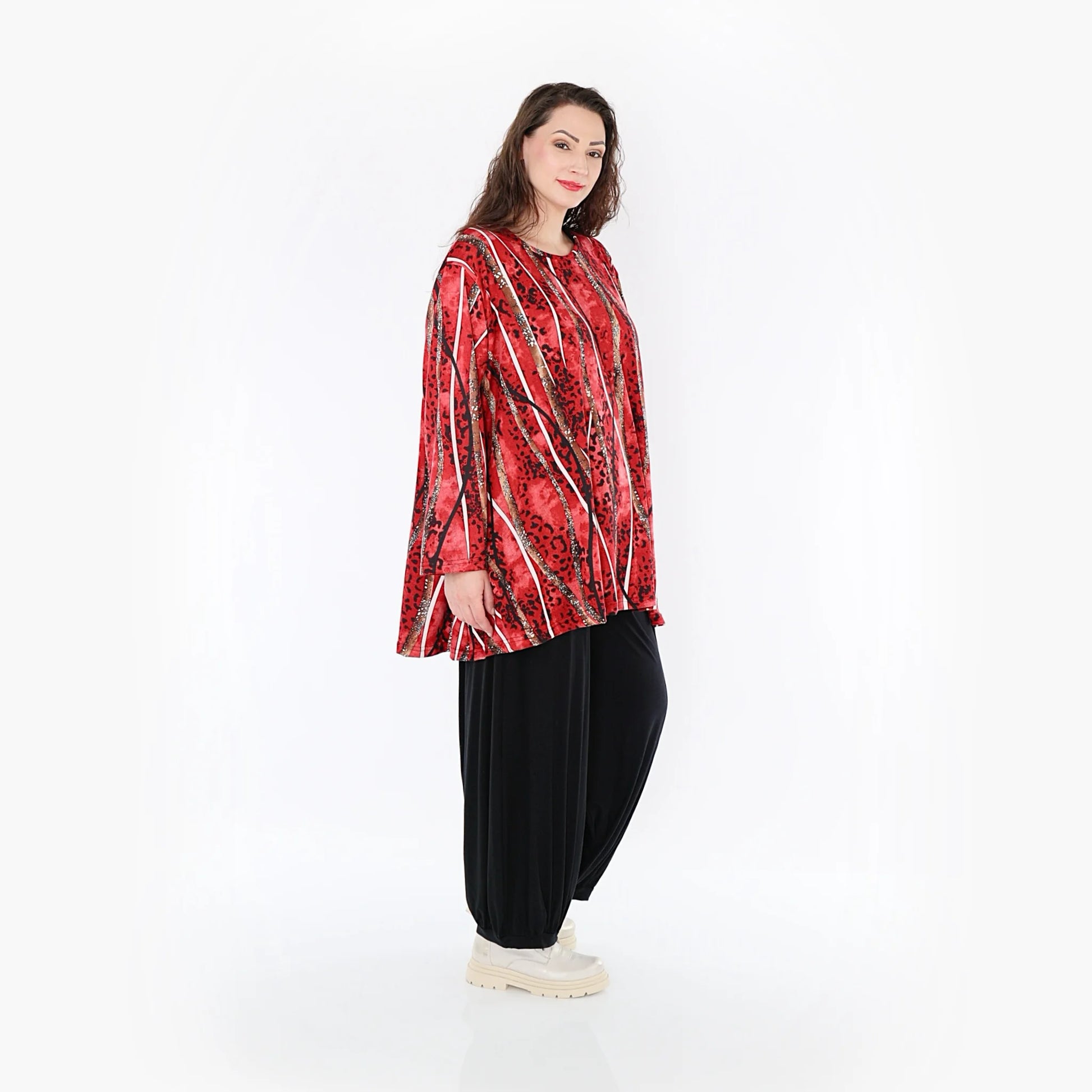  A-Form Bigshirt von AKH Fashion aus Viskose, 1398.00593, Rot-Cognac-Schwarz, Streifen