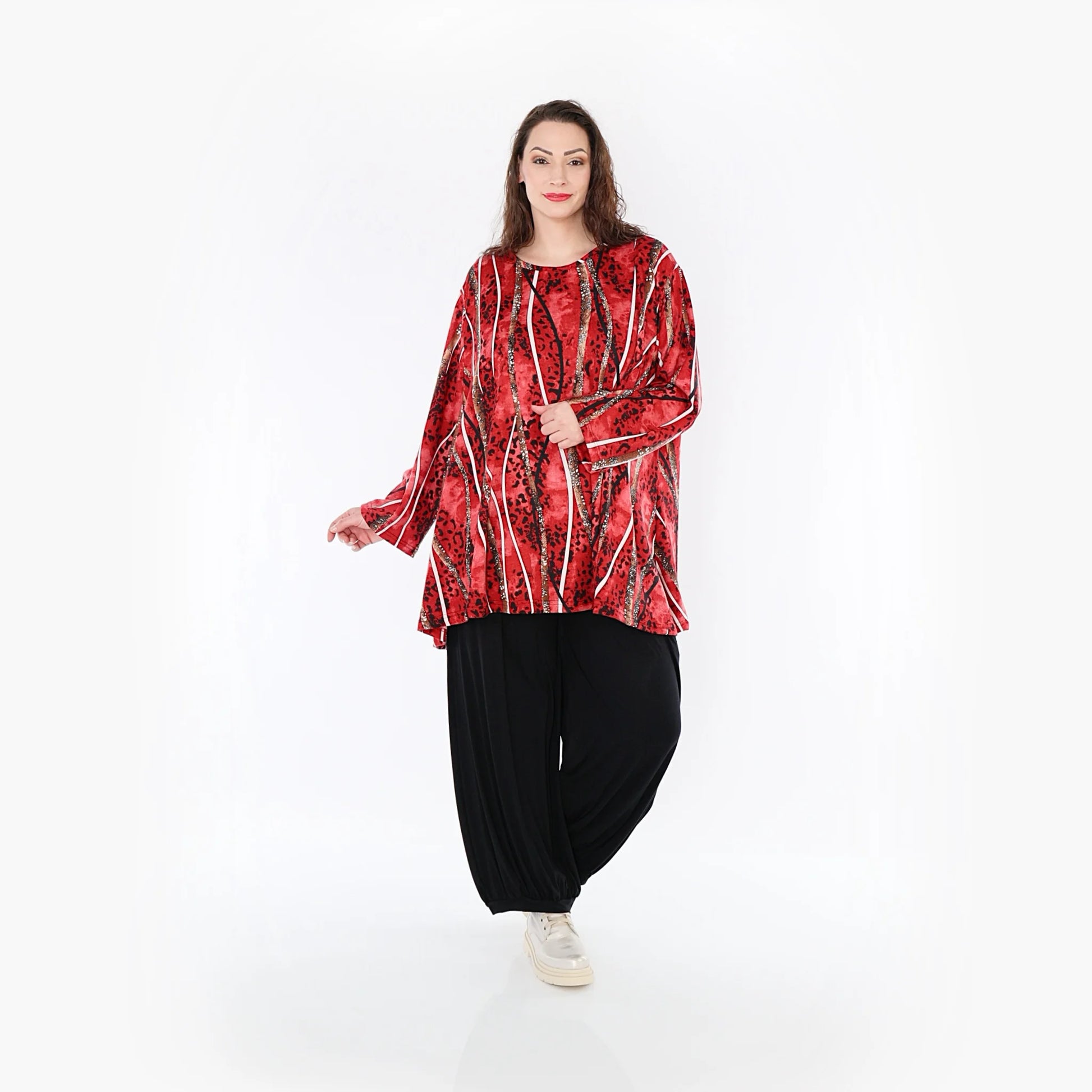  A-Form Bigshirt von AKH Fashion aus Viskose, 1398.00593, Rot-Cognac-Schwarz, Streifen