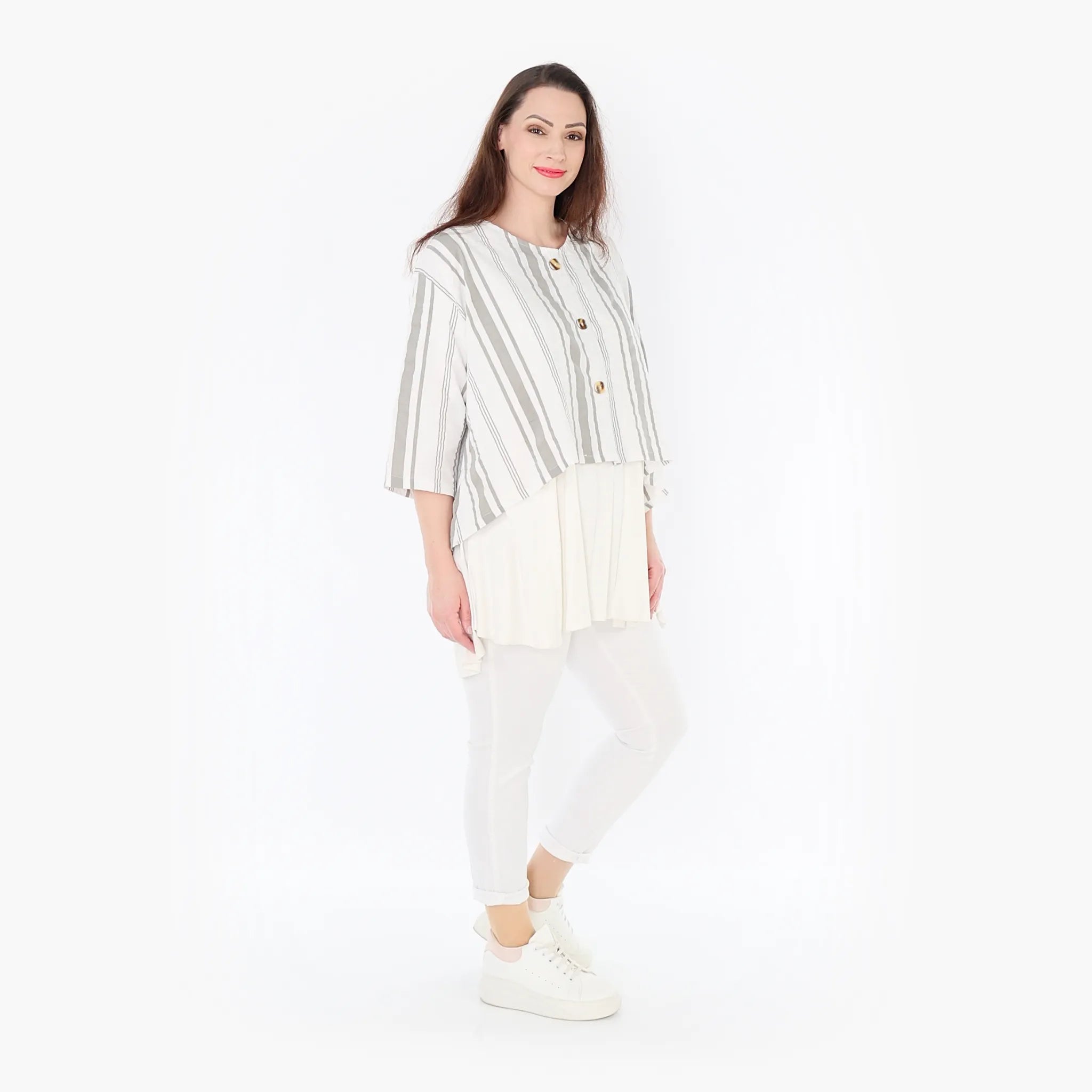  AKH Fashion Jacke in gerundeter Form, aus Baumwolle, 1420.00130, Weiß/Kiwi, Blockstreifen