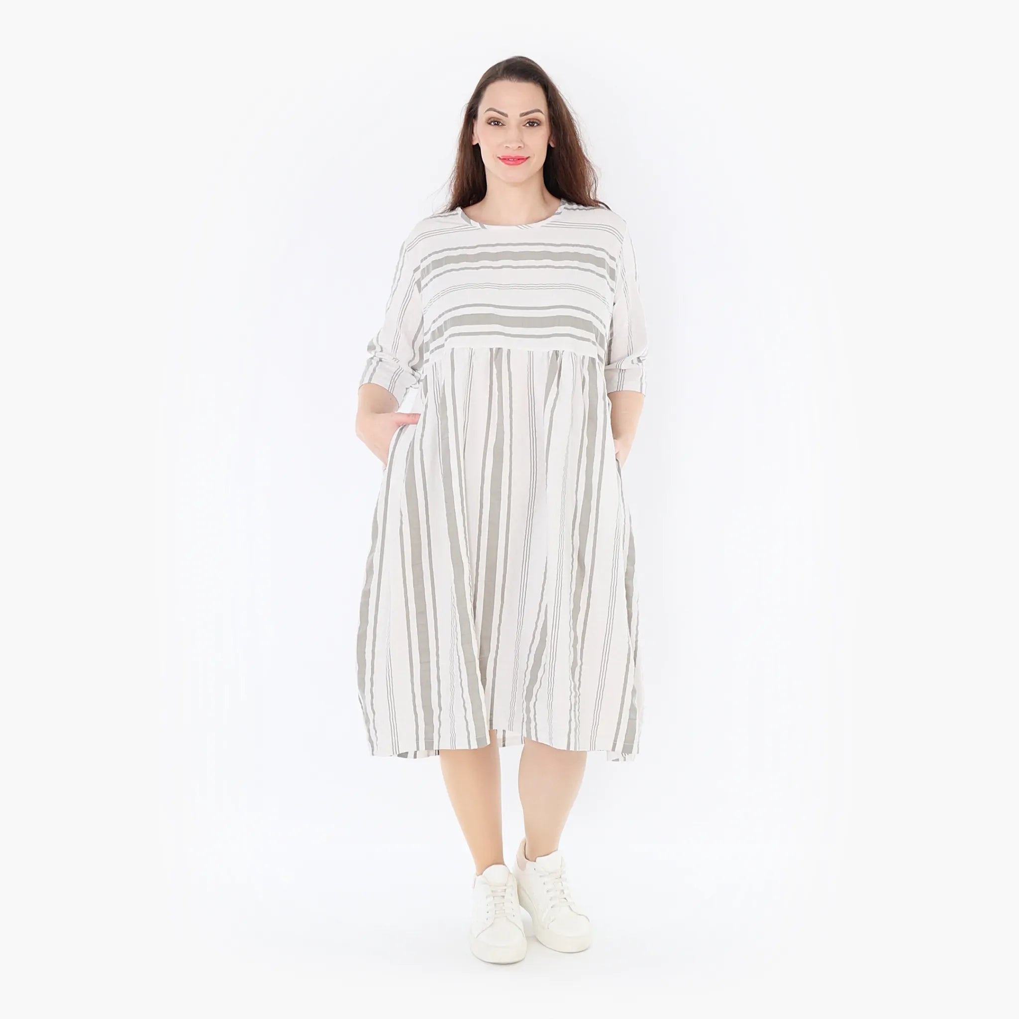  Ballonkleid von AKH Fashion aus Baumwolle, 1420.06698, Weiß/Kiwi, Blockstreifen, Schick