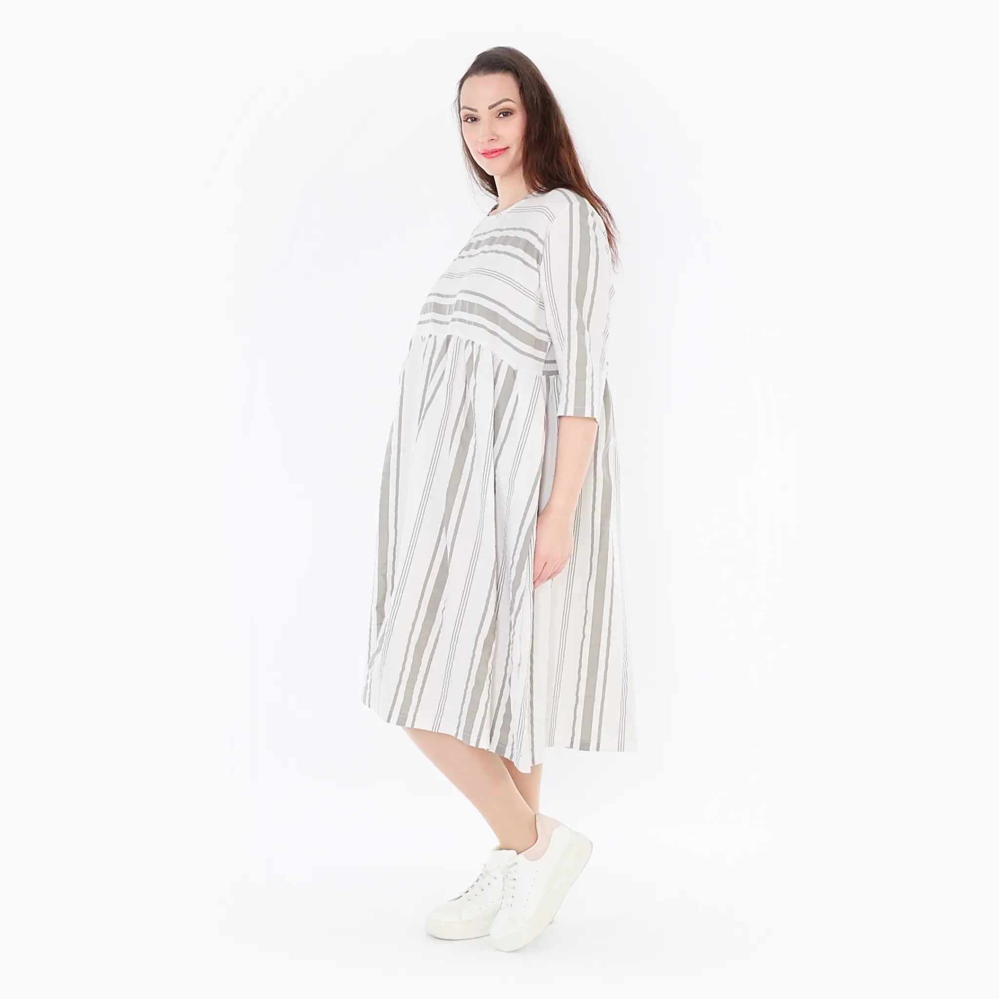  Ballonkleid von AKH Fashion aus Baumwolle, 1420.06698, Weiß/Kiwi, Blockstreifen, Schick