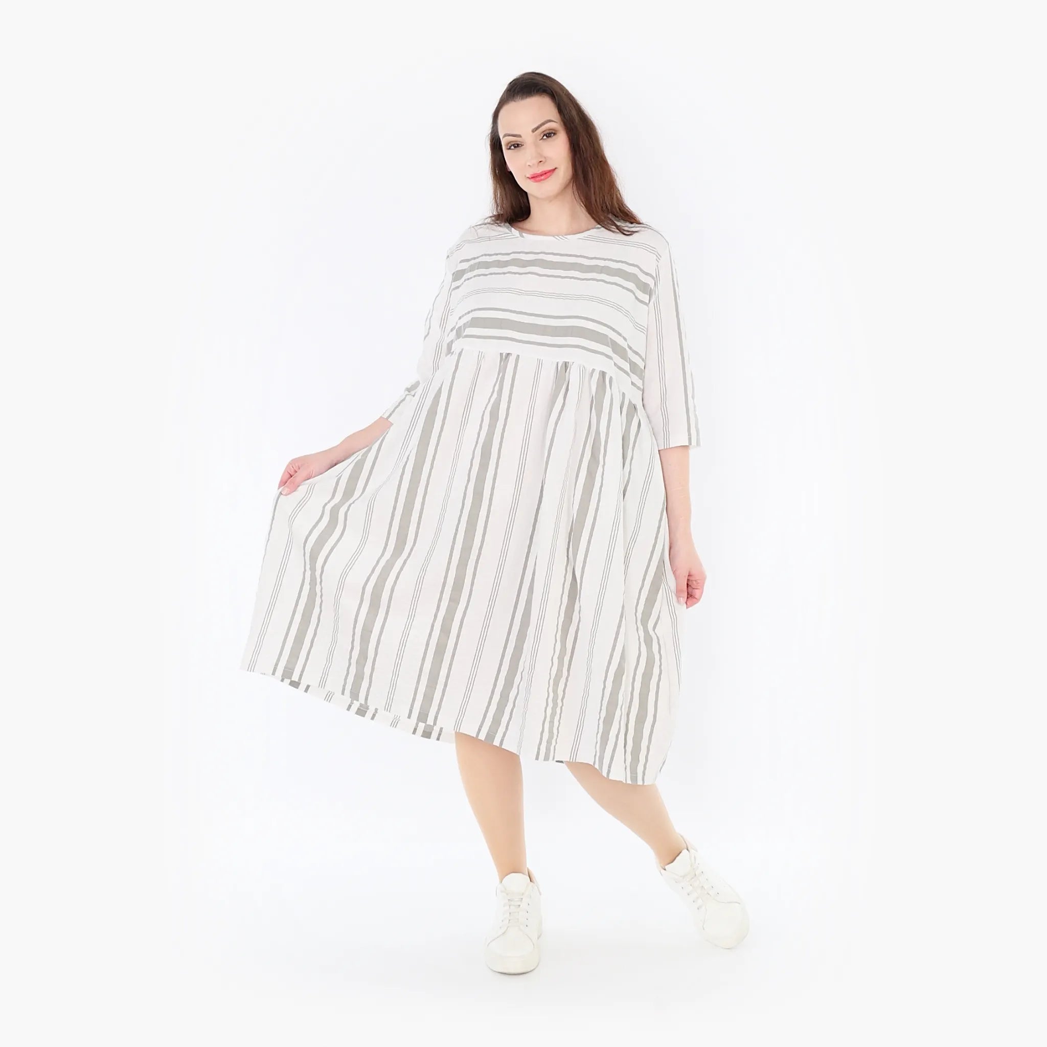 Ballonkleid von AKH Fashion aus Baumwolle, 1420.06698, Weiß/Kiwi, Blockstreifen, Schick