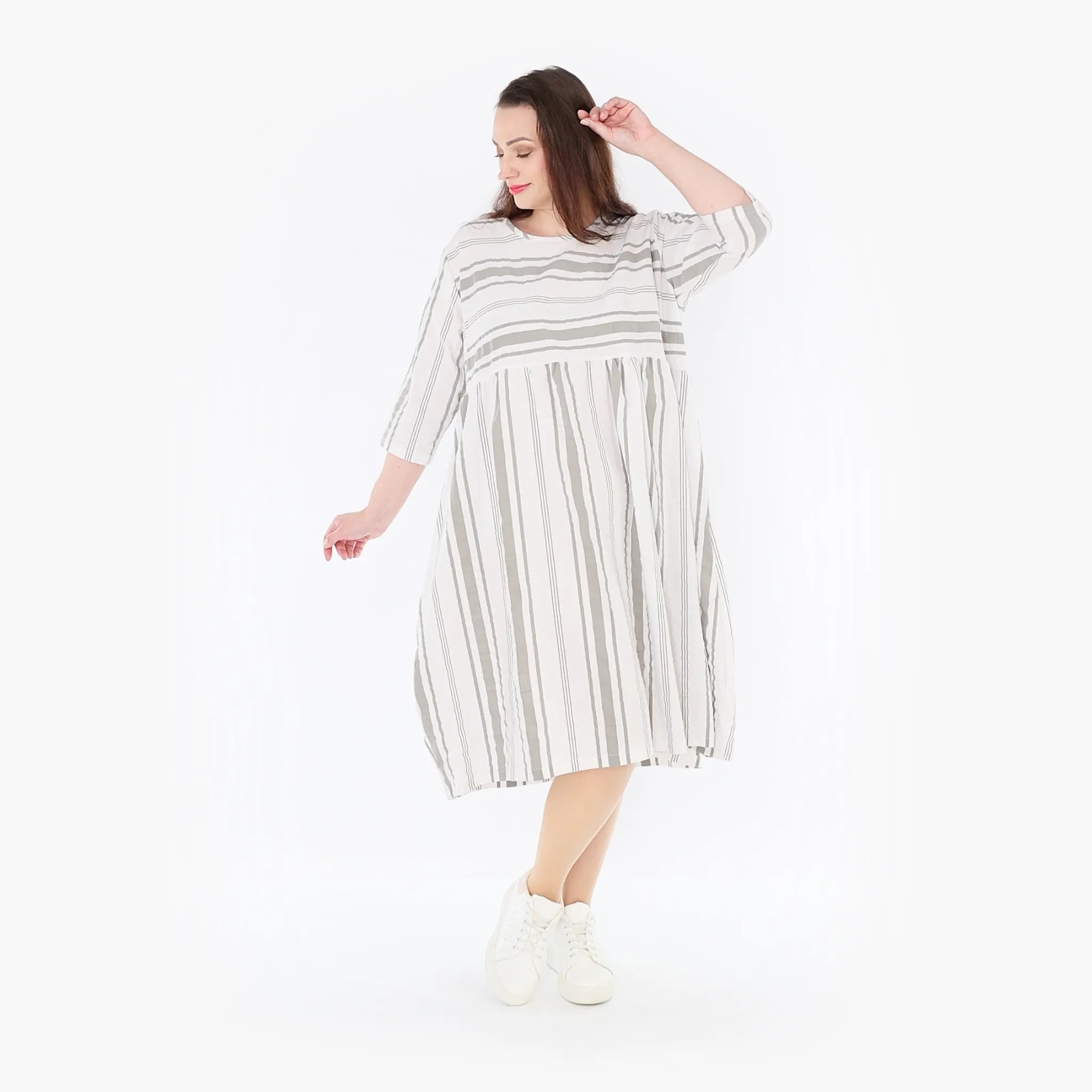  Ballonkleid von AKH Fashion aus Baumwolle, 1420.06698, Weiß/Kiwi, Blockstreifen, Schick