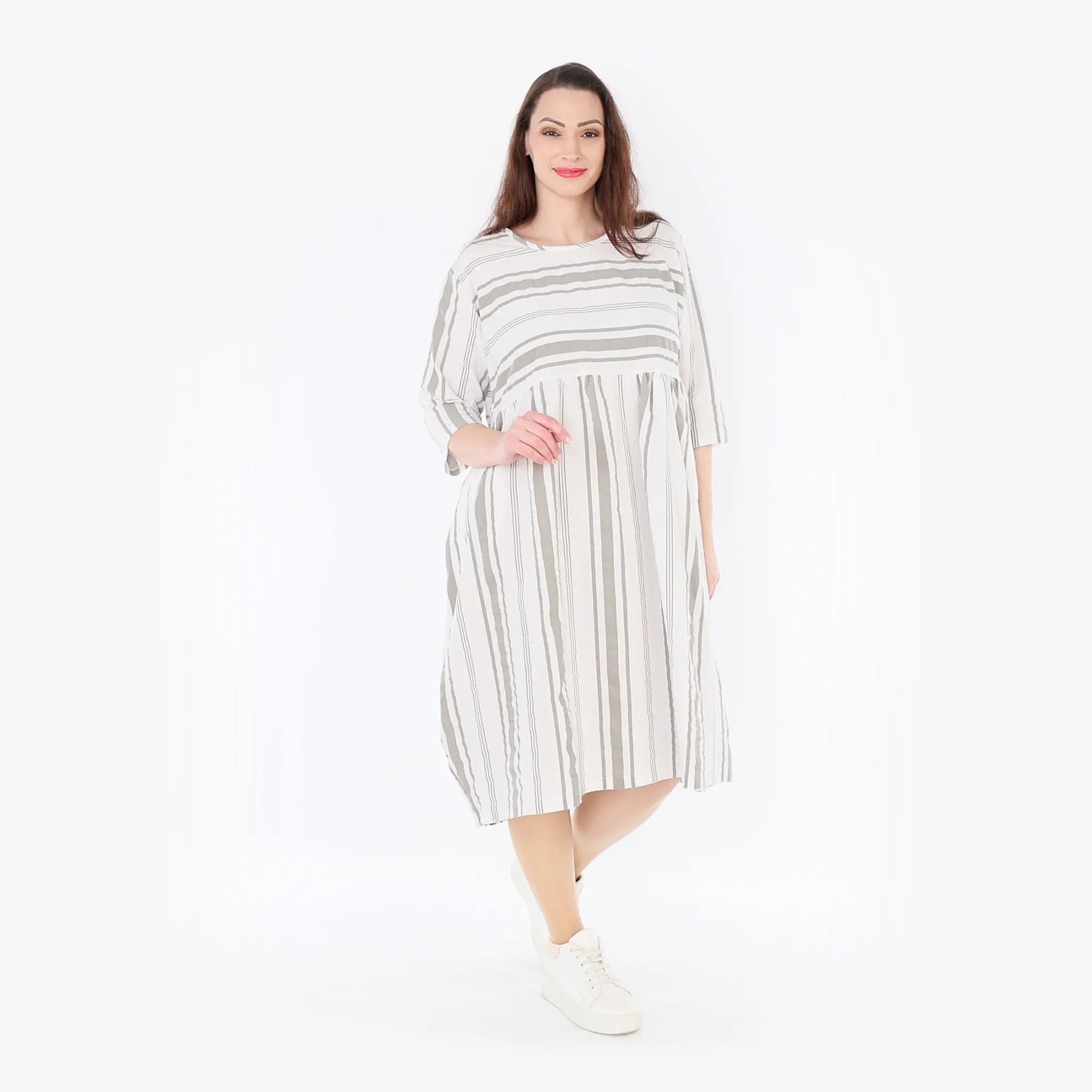  Ballonkleid von AKH Fashion aus Baumwolle, 1420.06698, Weiß/Kiwi, Blockstreifen, Schick