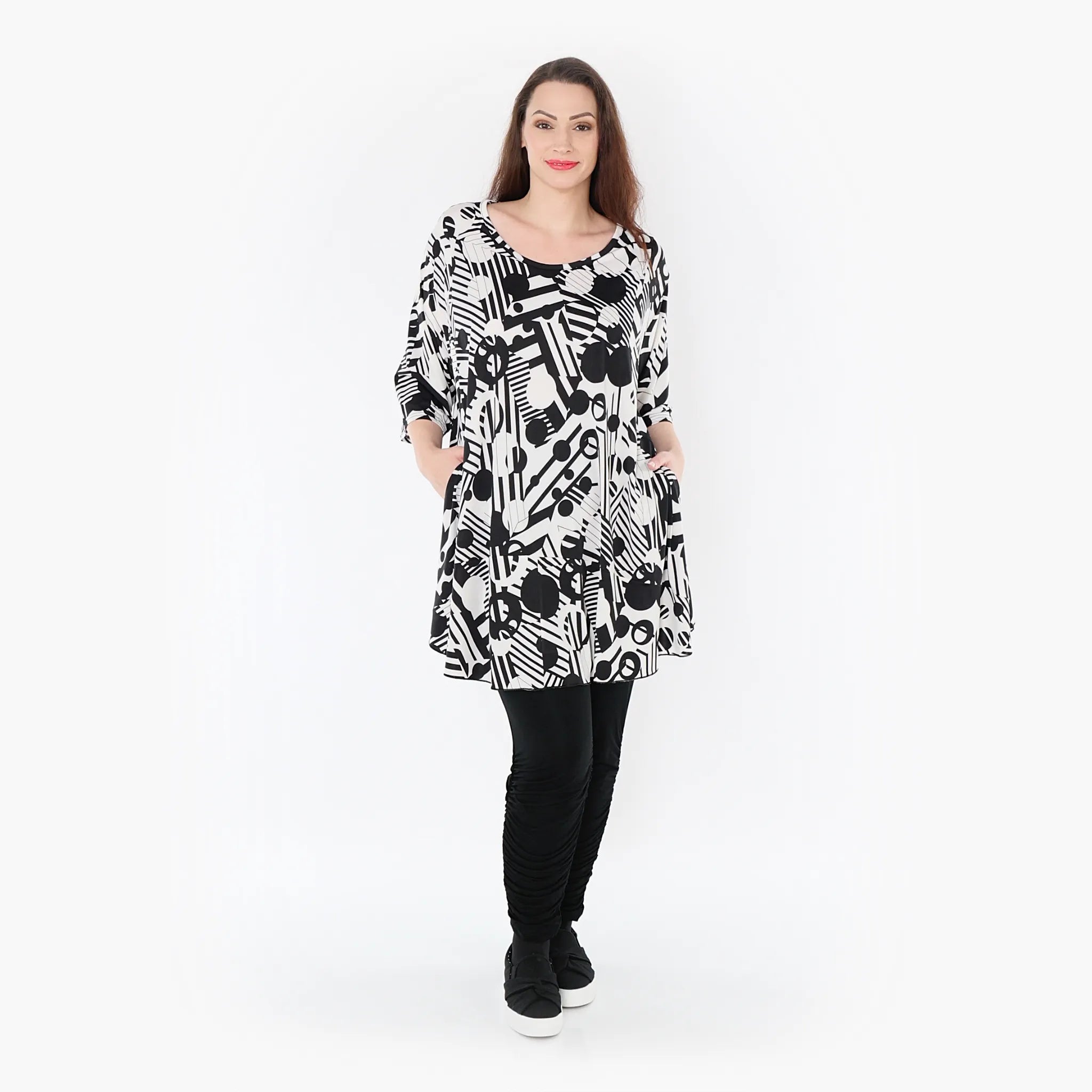  AKH Fashion Bigshirt in Glocken-Form, aus Viskose, 1400592, Schwarz/Weiß, Punkte, Schick