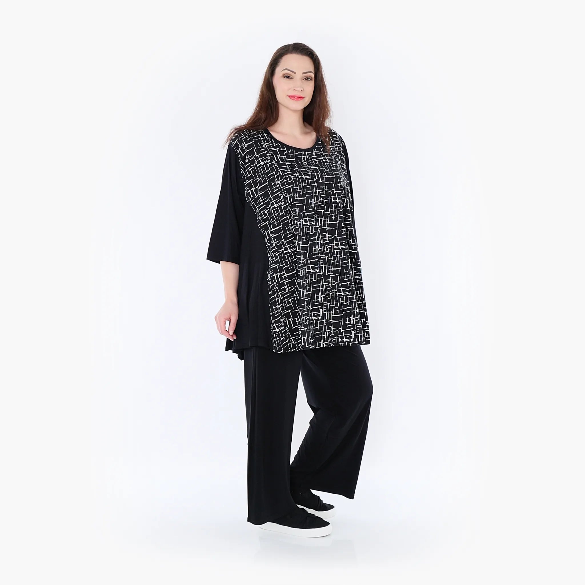  A-Form Bigshirt von AKH Fashion aus Viskose, 1400593, Schwarz/Weiß, Pinselstrich, Schick