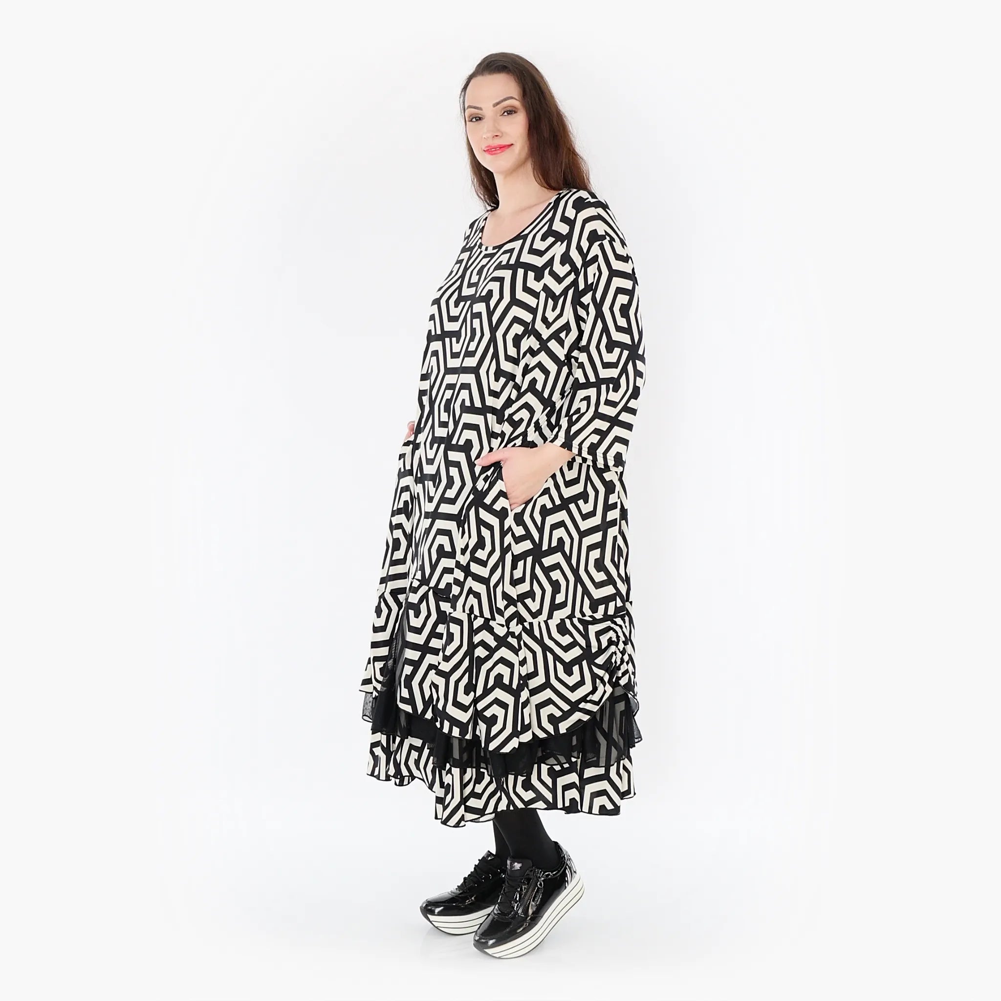  A-Form Kleid von AKH Fashion aus Viskose, 1428.06959, Schwarz/Ecru, Grafik, Schick, Schick