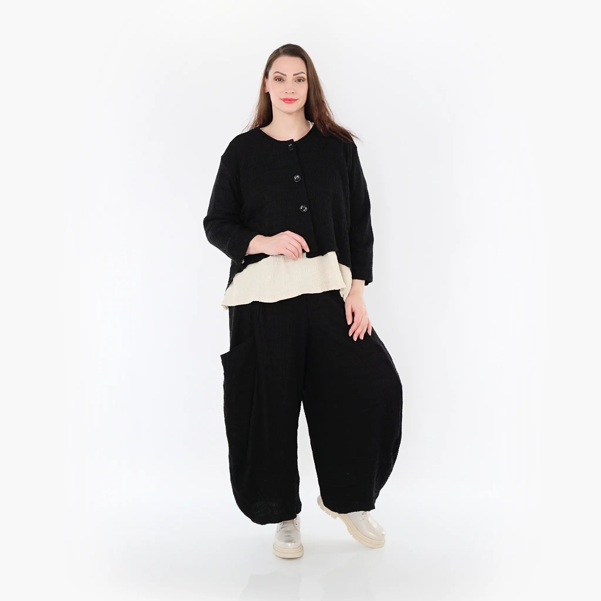  AKH Fashion Jacke in gerundeter Form, aus Baumwolle, 1447.00130, Schwarz, Streifen, Schick