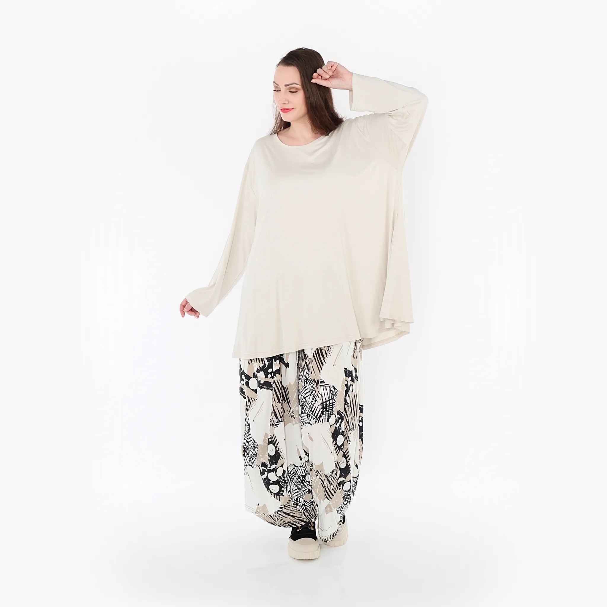 Ballonhose von AKH Fashion aus Materialmix, 1451.08069, Beige/Weiß/Schwarz, Punkte, Schick